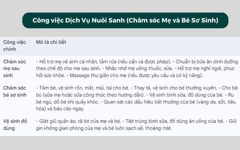 Công việc Dịch Vụ Nuôi Sanh (Chăm sóc Mẹ và Bé Sơ Sinh)